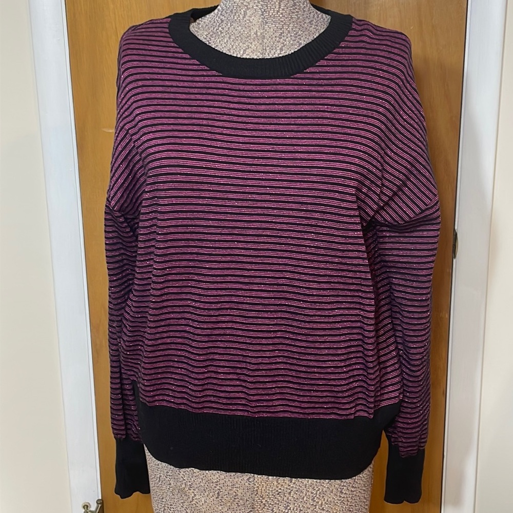 Nine West Womens XL Sweater Black with Metallic Fuchsia Stripes Crew Neck